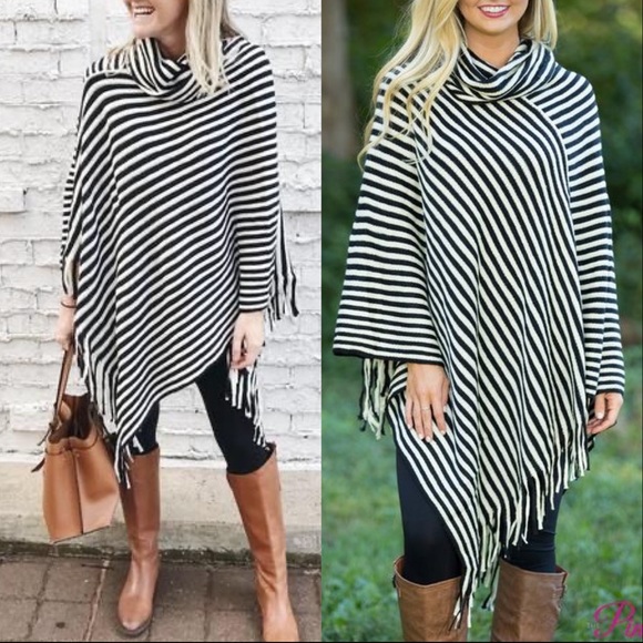 NEW CLASSIC BLACK WHITE FRINGES PONCHO TOP - Picture 4 of 6